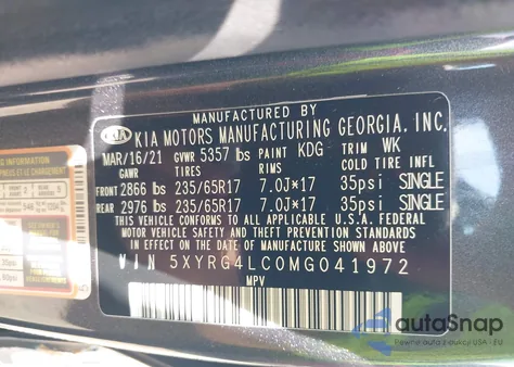 2021 Kia Sorento Lx from USA, damaged, VIN 5XYRG4LC0MG041972